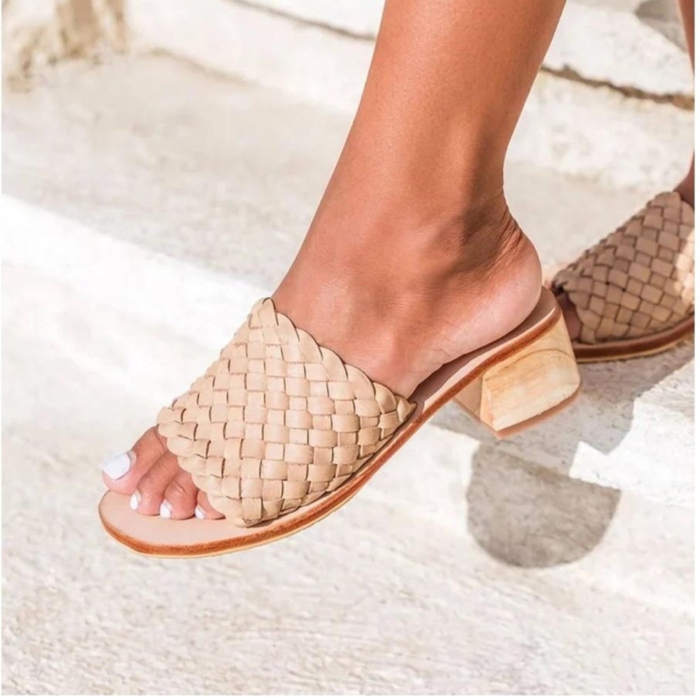 Liberte Tan Woven Leather Block Heel Slide Sandals Mules Women 7